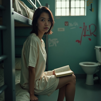 AI-generated photo: Photorealistic prison portrait photography, person perched in the middle of the lower bunk with thei...