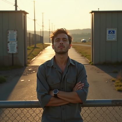 AI-generated photo: Photorealistic lifestyle-documentary portrait photograph capturing the person leaning against a simp...