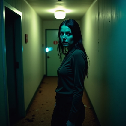 Flashlight-in-the-Dark Hallway Portrait example: Cinematic horror portrait photo of an environmental portrait in an abandoned motel hallway, where the subject stands ben
