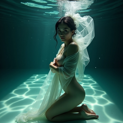 AI-generated photo: Photorealistic underwater portrait photography. The subject kneels lightly on the pool floor, torso ...
