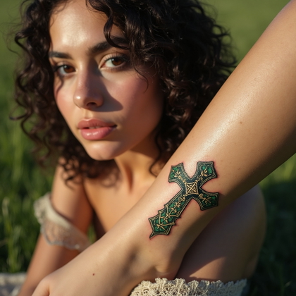 AI-generated photo: Photorealistic photography of a woman with a small but intricate Celtic cross tattoo on her ankle. T...