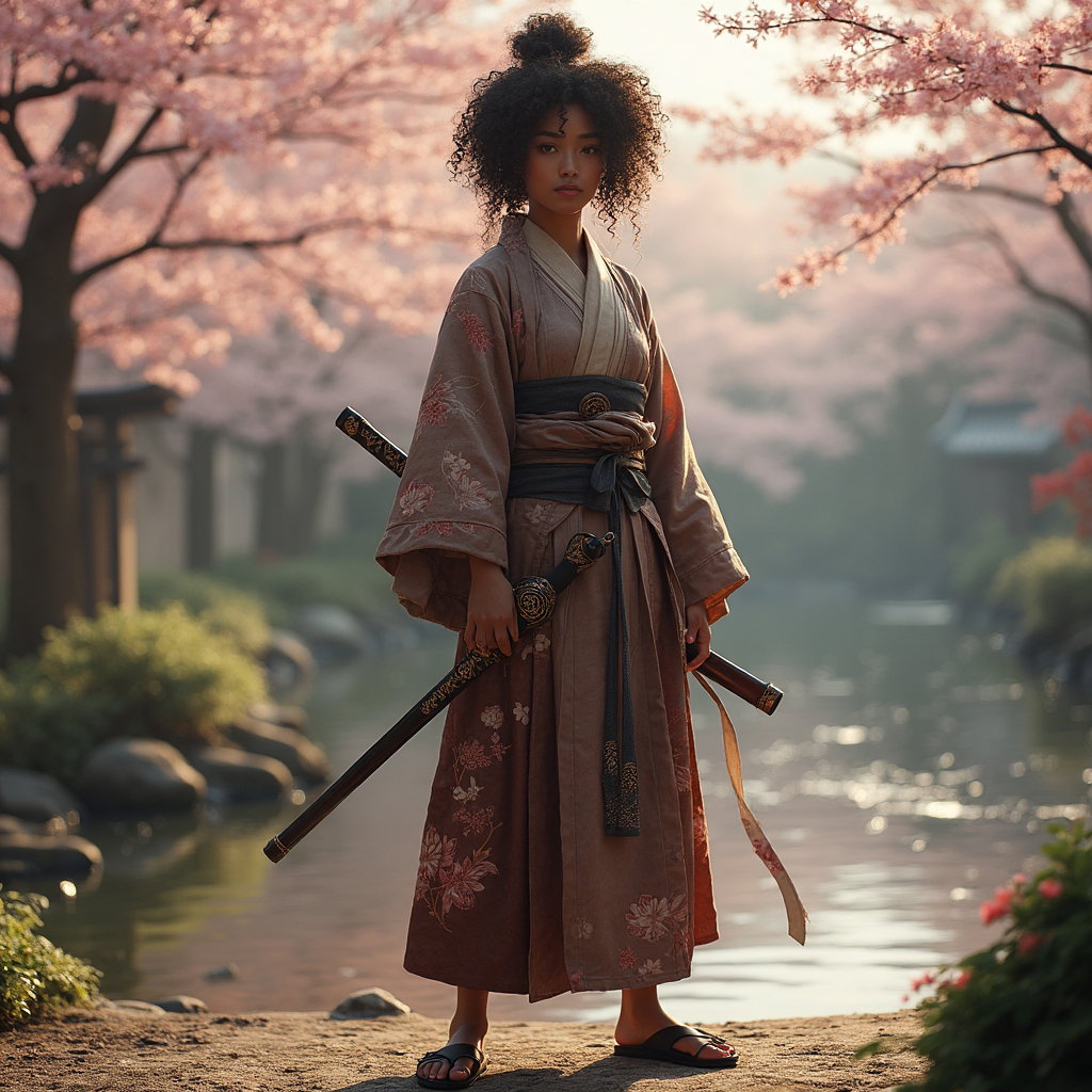 AI-generated photo: High-Impact Hero photo capturing a character in a traditional samurai warrior outfit. The character ...