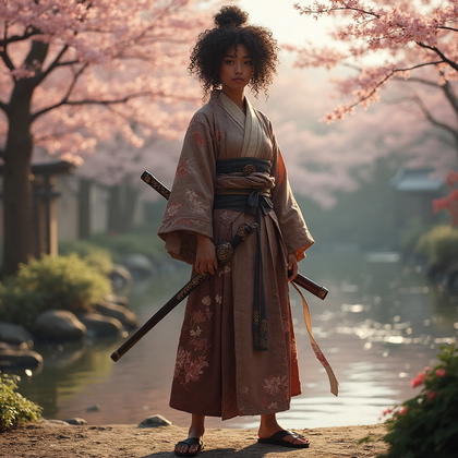 AI-generated photo: High-Impact Hero photo capturing a character in a traditional samurai warrior outfit. The character ...