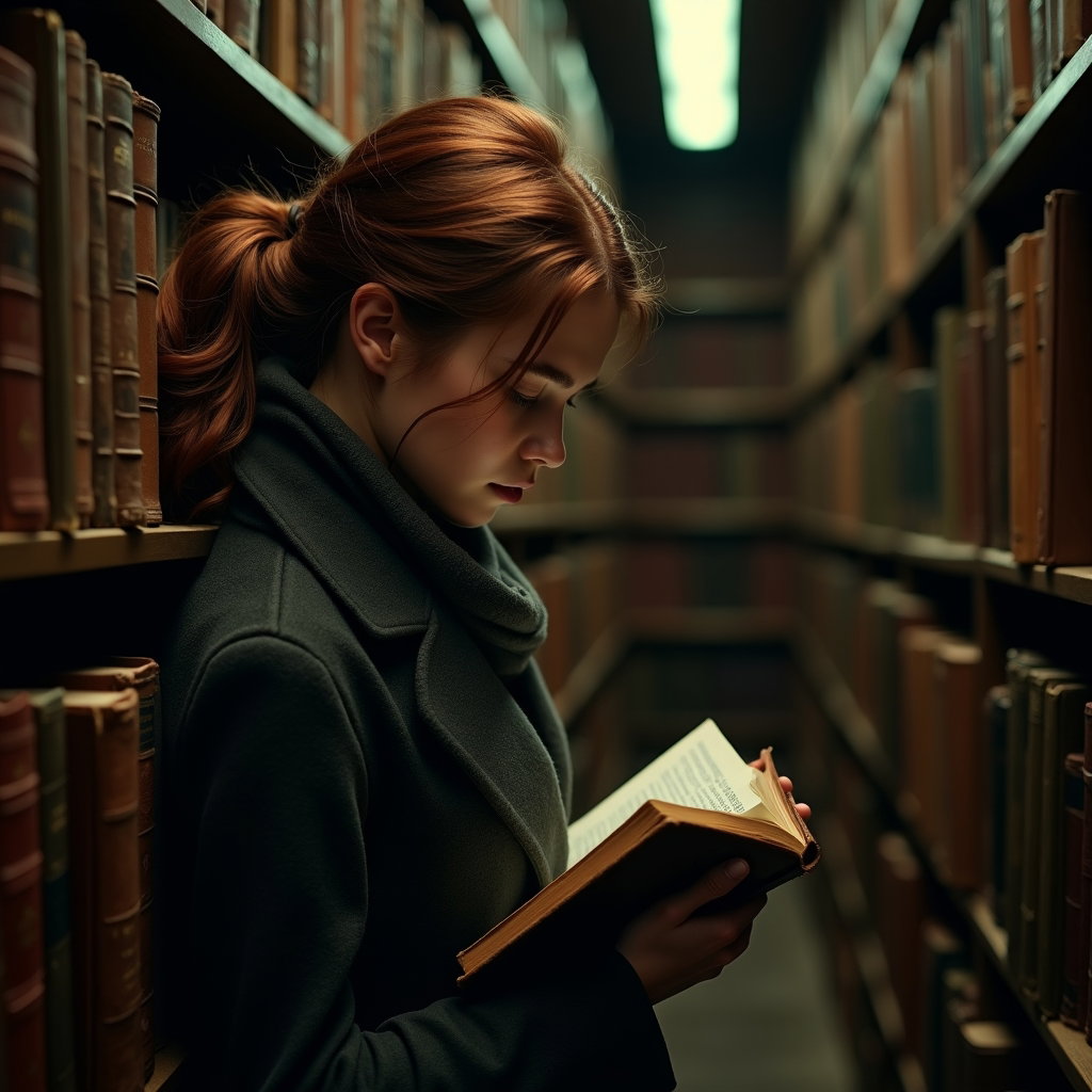 Library Stacks: Moody half-length portrait from slightly above, the subject tucked deep between dark wooden stacks, chin lowered toward a small open book…