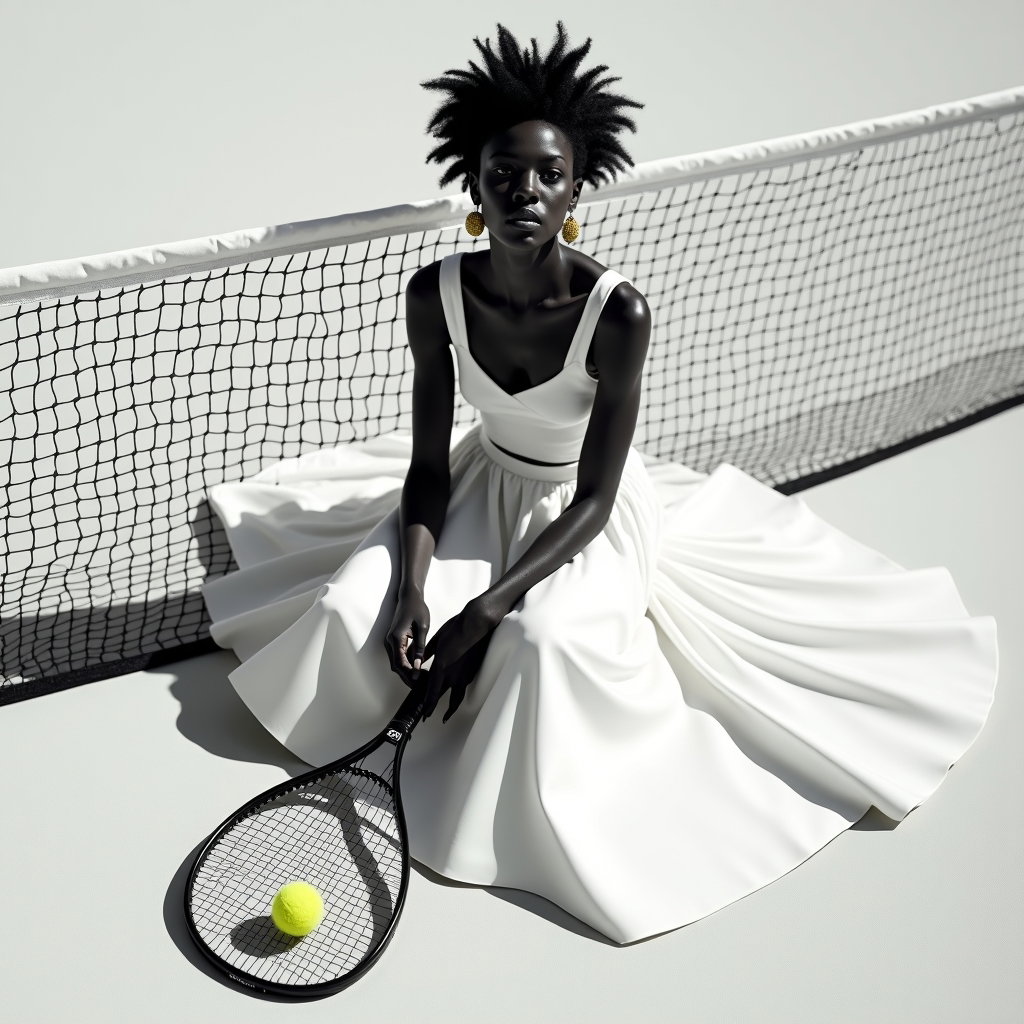 Classic White Tennis Dress Court Portraits example: Photorealistic creative fashion photography, unexpected monochrome white-on-white tenniscore portrait on a court with gr