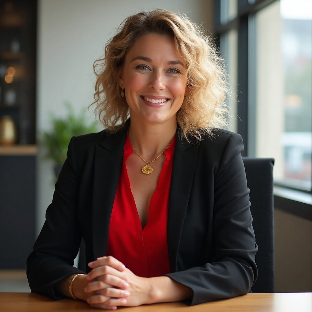 AI-generated photo: LinkedIn photo portraying a subject in a tailored black blazer over a vibrant red blouse that adds a...