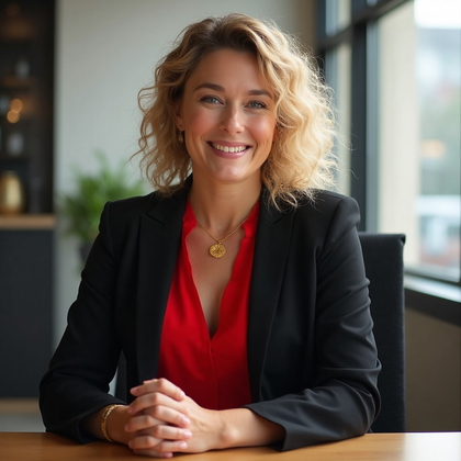 AI-generated photo: LinkedIn photo portraying a subject in a tailored black blazer over a vibrant red blouse that adds a...