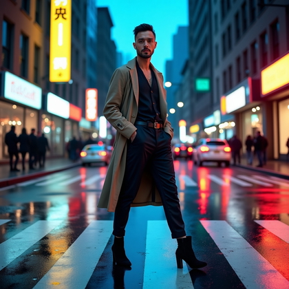 AI-generated photo: Photorealistic urban street-style photograph at blue hour on a rain-slicked crosswalk, full-body pow...