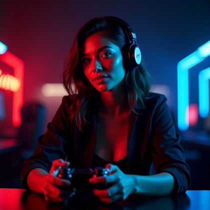 AI-generated photo: Photorealistic gaming portrait photography. The subject is framed from waist up, slightly turned awa...
