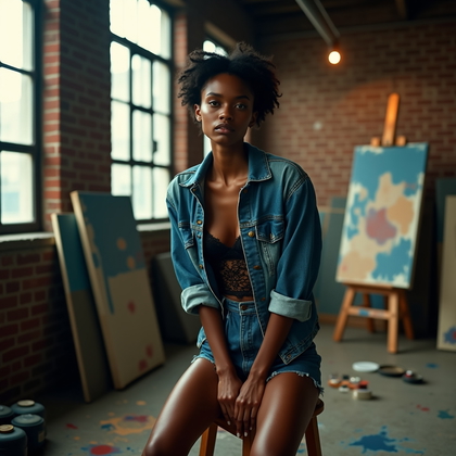 AI-generated photo: Photorealistic editorial photography in a moody artist’s loft with tall factory windows, stacked can...