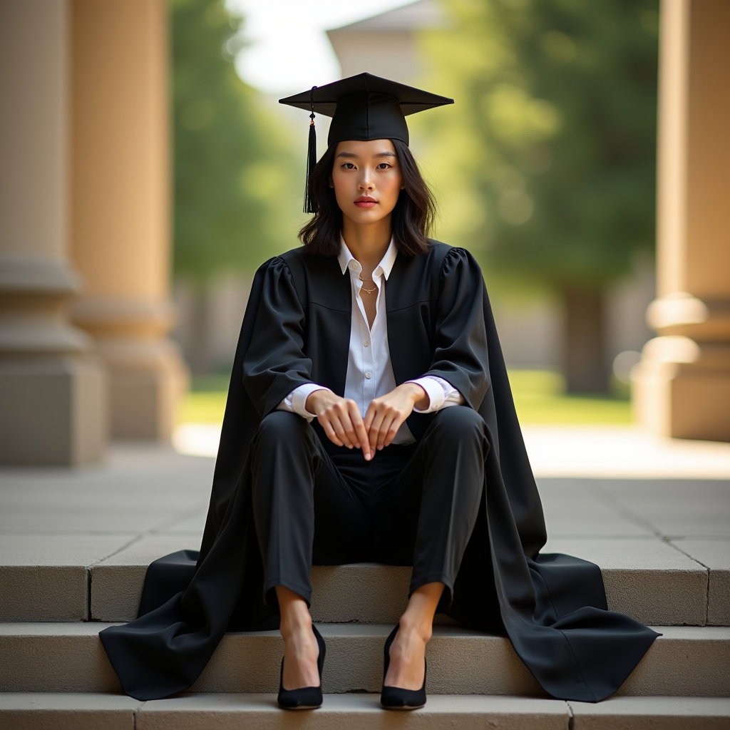 AI-generated photo: Editorial fashion photography, a graduate seated upright on broad stone steps with perfect posture, ...