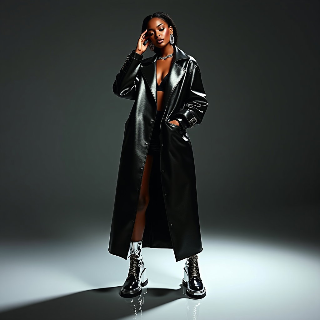 Full-Body Fashion Editorial Pop Star Cover Photos example: Photorealistic fashion editorial album cover photo. Full-body studio hero pose with the subject standing center-frame on