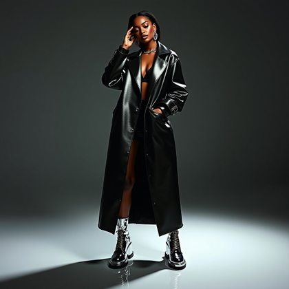Full-Body Fashion Editorial Pop Star Cover Photos example: Photorealistic fashion editorial album cover photo. Full-body studio hero pose with the subject standing center-frame on