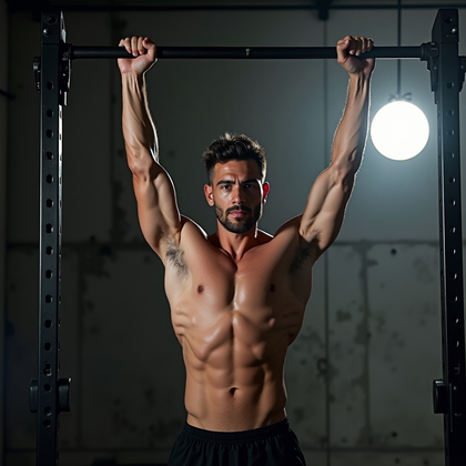AI-generated photo: Photorealistic fitness photography of the subject shirtless hanging from a pull-up bar in a controll...