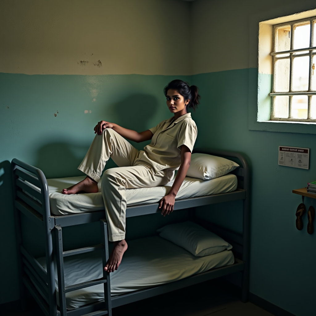 AI-generated photo: Photorealistic prison portrait photography, person sitting on the top bunk with their back leaning a...