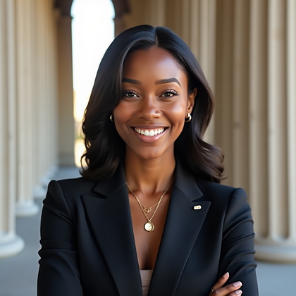 AI-generated photo: Professional headshot. Framed at a modern corporate colonnade of pale limestone with strong vertical...