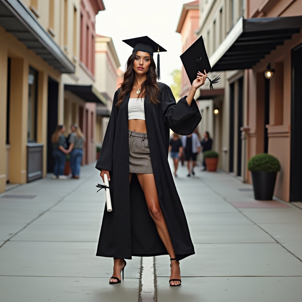 AI-generated photo: Fashion editorial photography, a full-body graduation fashion portrait staged in a trendy arts-distr...