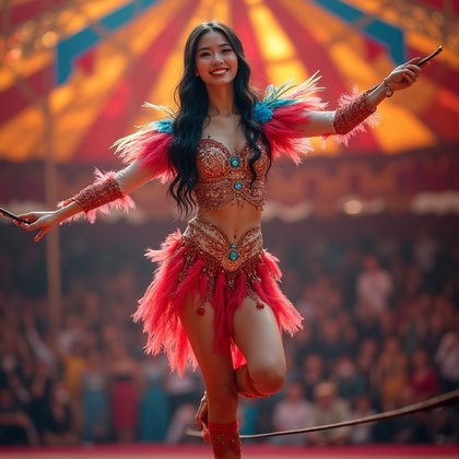 AI-generated photo: Cosplay photo featuring a character as a vibrant circus performer, adorned in a dazzling costume of ...