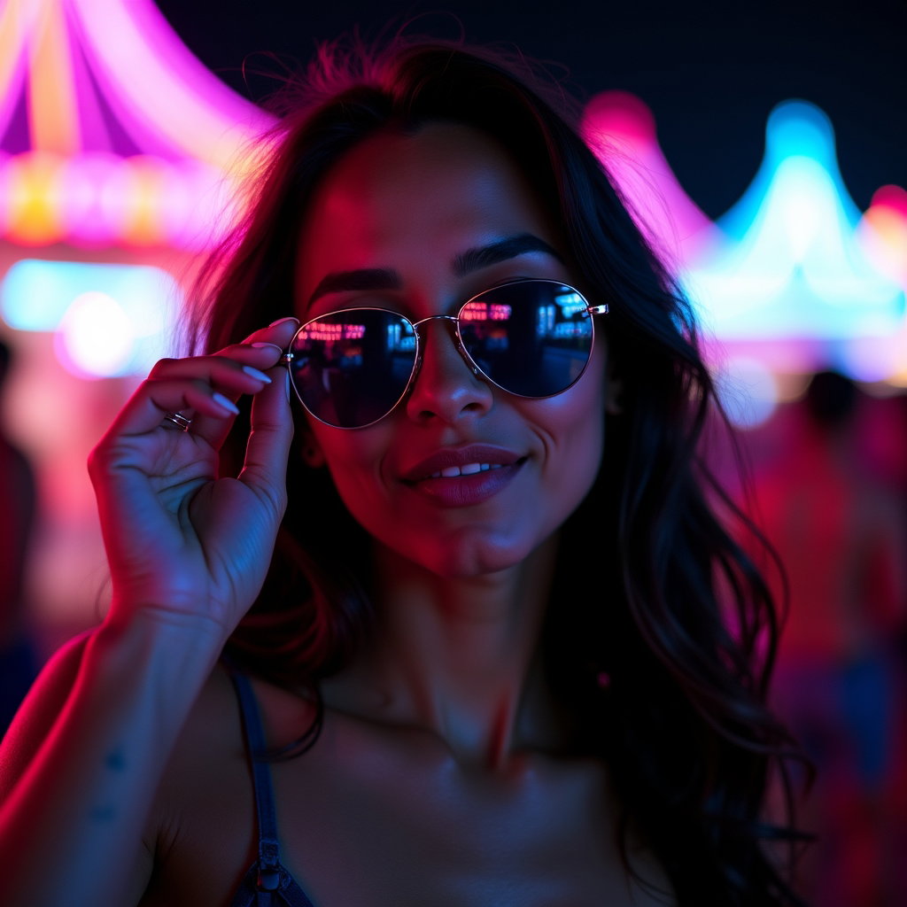 After-Dark Flash Portrait With Afterglow Energy example: Photorealistic after-dark flash portrait photography. Tight close-up with the subject facing the viewer, chin slightly l