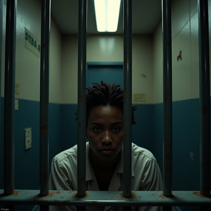 AI-generated photo: Photorealistic prison photography. The camera is placed very close to the central bar of a cell door...