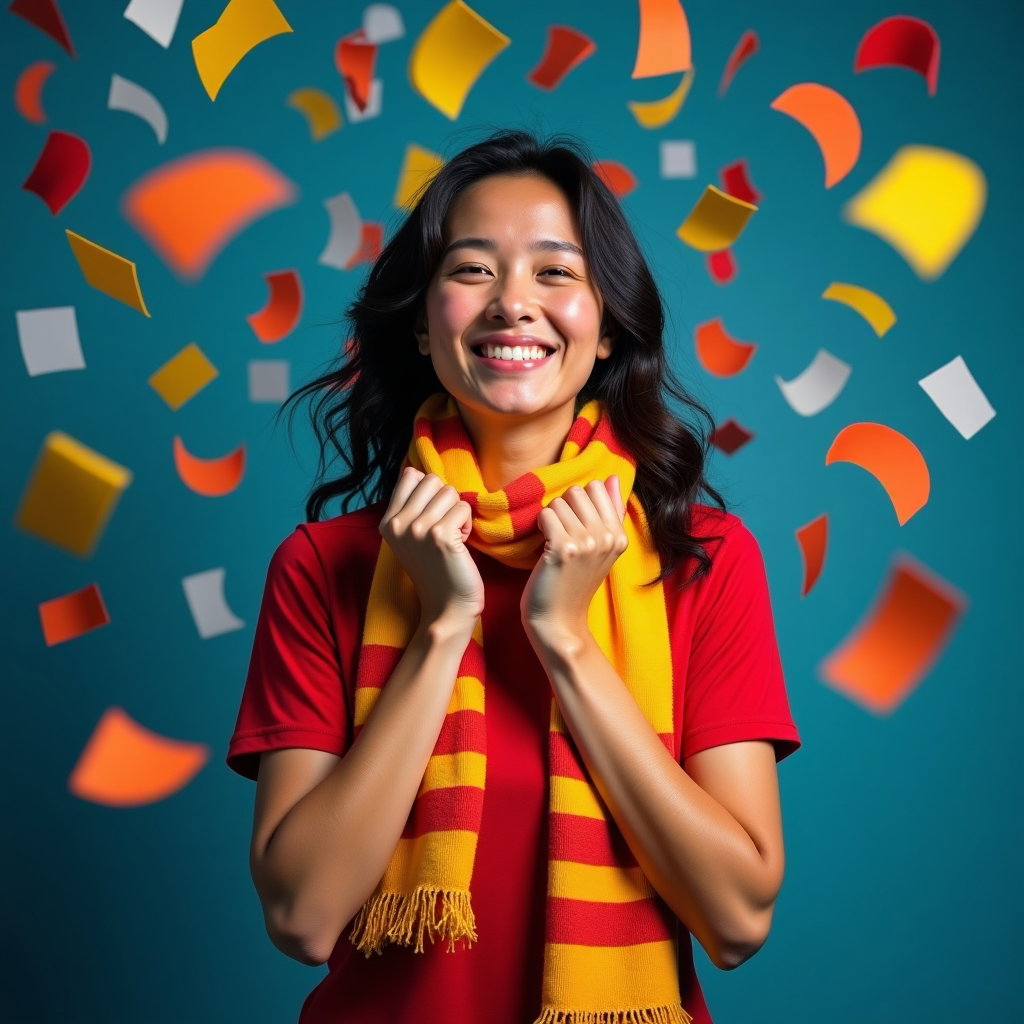 Simple Jersey-and-Scarf World Cup Fan Portraits example: Photorealistic creative sports fan portrait photography. Unexpected studio variation with a fan wearing a jersey and sca