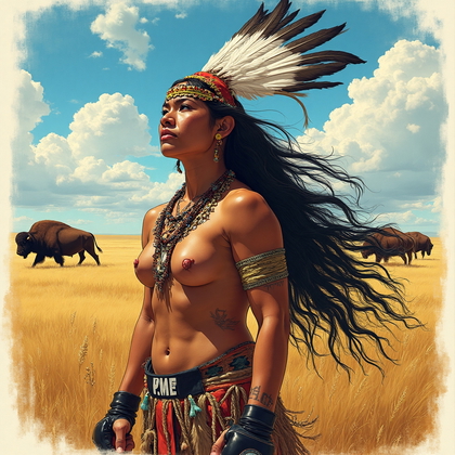 AI-generated photo: **Native American ledger art illustration**. The scene features a UFC fighter depicted in a narrativ...