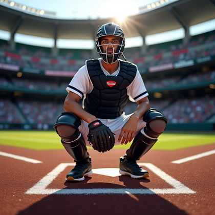 AI-generated photo: Photorealistic sports photography from ground level at the back of the right-handed batter’s box, us...