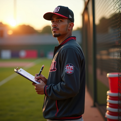 AI-generated photo: Photorealistic sports editorial photo: golden-hour pregame at the edge of the infield grass near the...