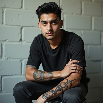 AI-generated photo: Photorealistic prison portrait photograph, the person seated on a simple metal stool in front of a l...