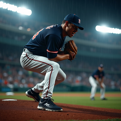 AI-generated photo: Photorealistic sports action photography in driving rain on a packed night, the closer planted on th...