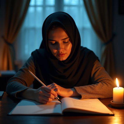 Candlelit Writing Desk Portrait With Ink-Stained Hands example: Photorealistic portrait photography. Motion/action portrait capturing the moment a page is being lifted or turned, with