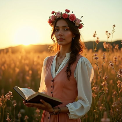Wildflower Crown Poet Portrait in Golden Hour Light example: Photorealistic poetcore portrait photography. Editorial hero image with the subject standing among tall wildflowers, wil
