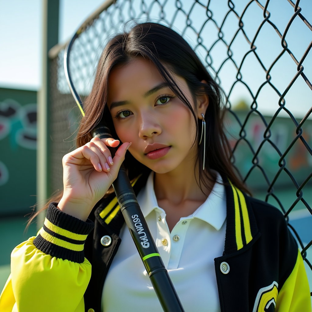 Edgy Street-Style Tenniscore Portraits example: Photorealistic fashion portrait photography. Tight close-up at a graffiti-edged public tennis court, the subject facing