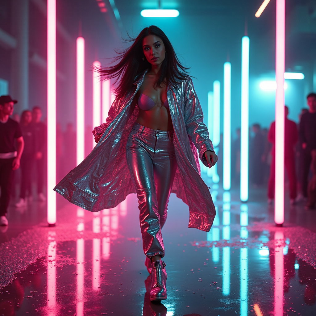 Futuristic Metallic Pop Star Album Cover Portraits example: Photorealistic album cover portrait photography. Motion/action portrait of the subject performing mid-step on a reflecti
