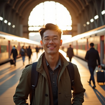 Dating profile photo, a polished close-up travel portrait inside a grand train station concourse, with the subject standing near a sunlit archway and looking directly at the viewer with a calm, curious smile. Style with smart travel layers, a structured jacket, and a small carry-on handle just entering the frame; use warm morning light, softened departure-board shapes in the background, crisp face clarity, elegant neutral colors, and minimal clutter.