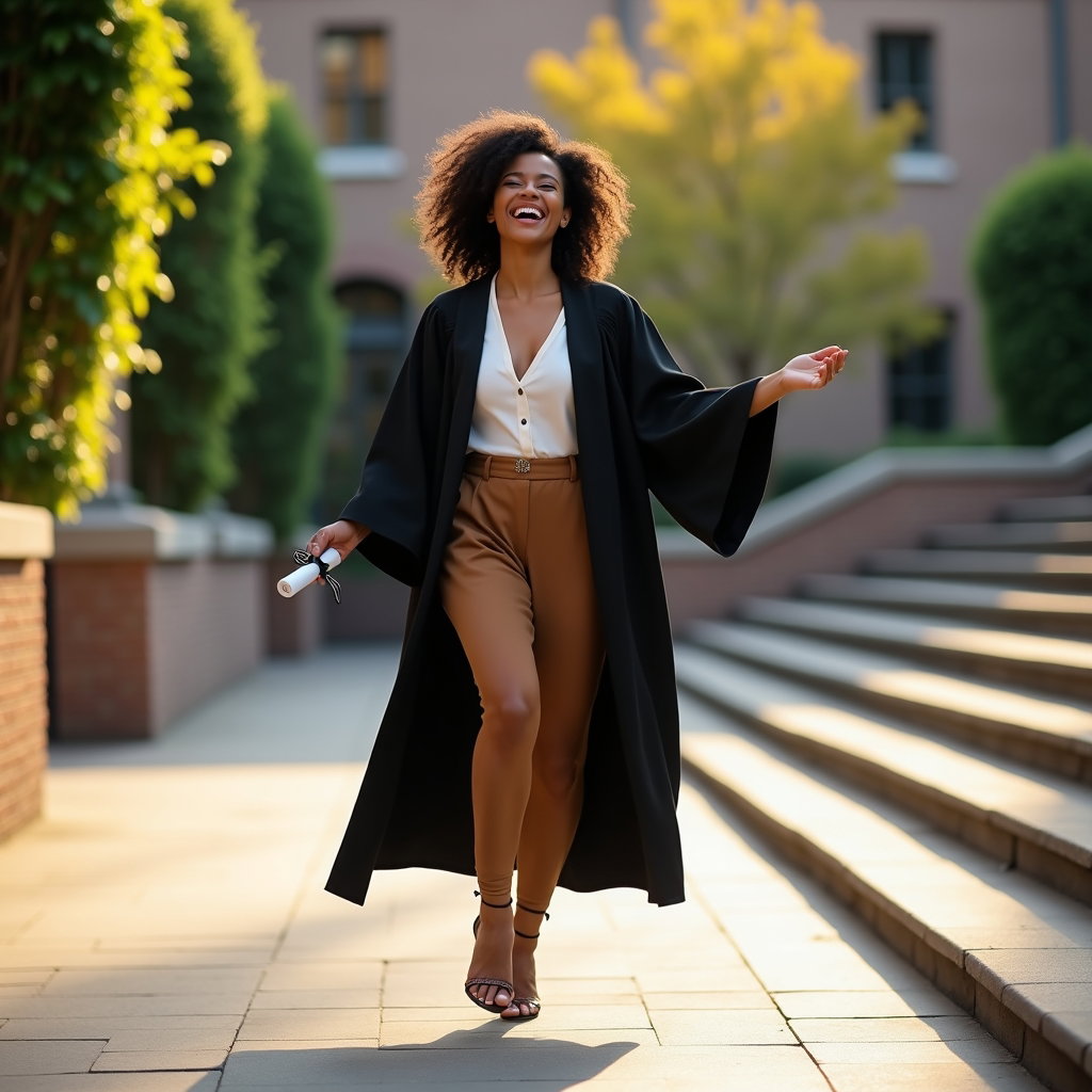 AI-generated photo: Professional fashion portrait photography, joyful graduation portrait capturing an open laugh mid-mo...