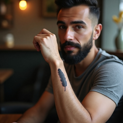 AI-generated photo: Photorealistic photography of a man displaying a delicate minimalist feather tattoo on his left wris...