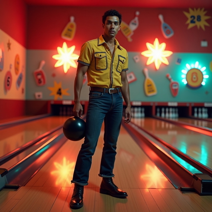 AI-generated photo: Photorealistic 1950s-style bowling alley greaser portrait in a mid-century lane with lacquered wood ...