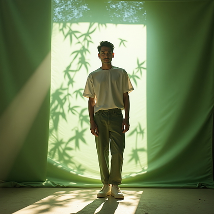 AI-generated photo: Photorealistic studio portrait photography built like an indoor forest canopy: multiple translucent ...