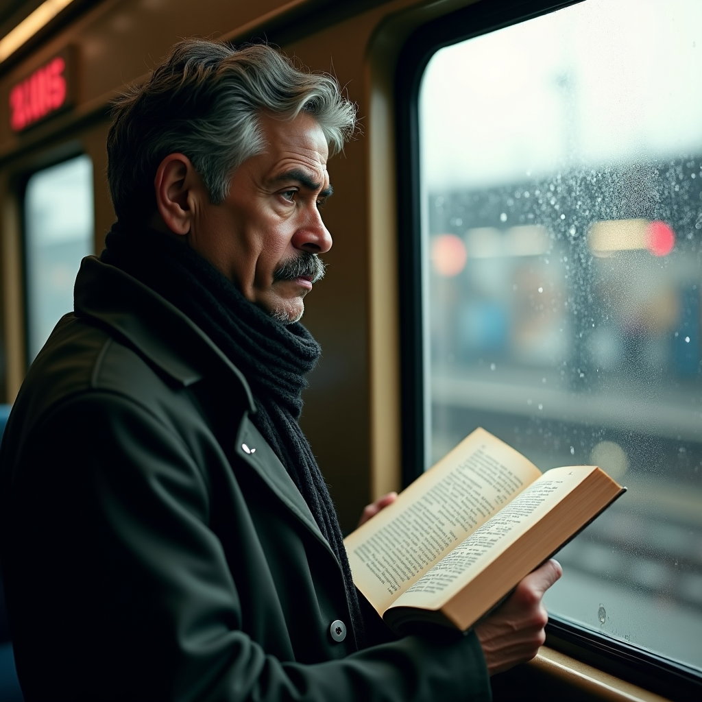 Train Window Study: Personal-photo portrait of one person standing near a rain-spattered train door window, shoulders angled toward the glass, one hand holding…