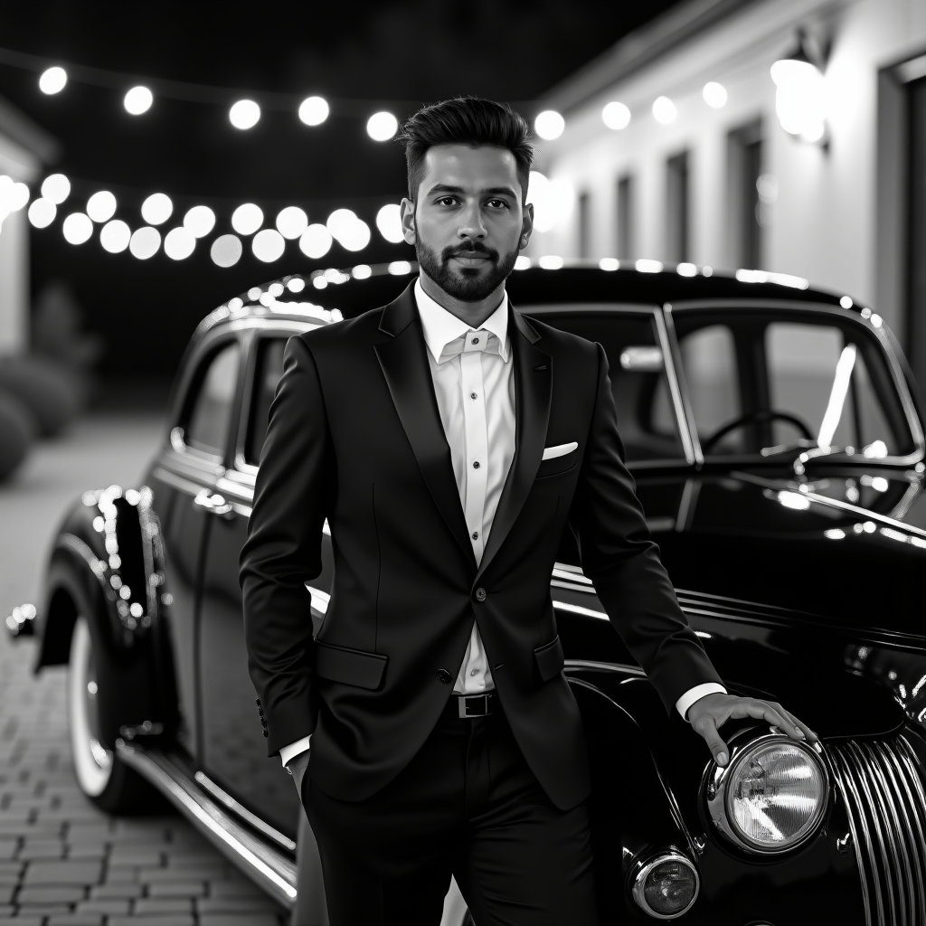 AI-generated photo: Photorealistic black-and-white wedding portrait photograph — outside a venue portico at night beside...