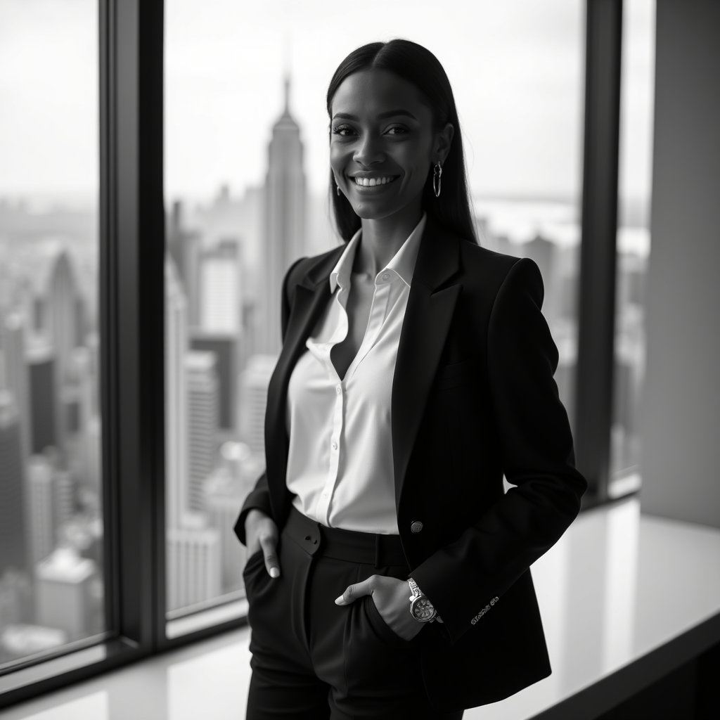AI-generated photo: Professional black-and-white headshot photography, standing near a floor-to-ceiling window with the ...