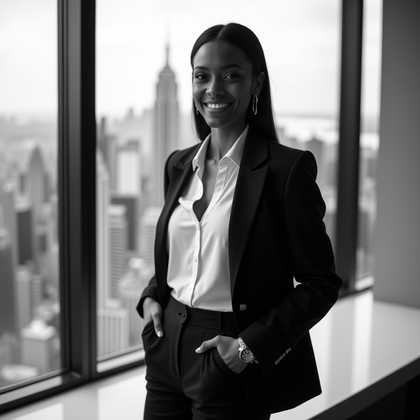 AI-generated photo: Professional black-and-white headshot photography, standing near a floor-to-ceiling window with the ...