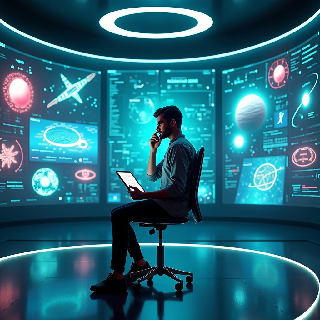 AI-generated photo: Photorealistic futuristic research station portrait. The person is seated on a minimalist lab stool ...