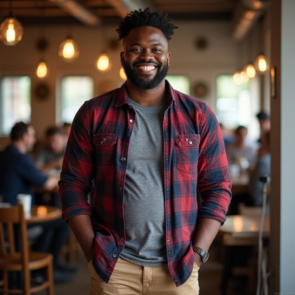 AI-generated photo: Charming Smile Portrait featuring a man wearing a comfortable, yet presentable outfit consisting of ...
