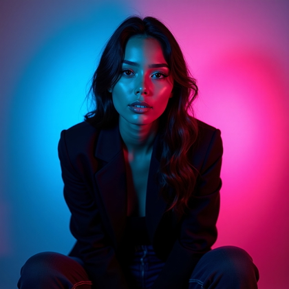 AI-generated photo: Photorealistic studio portrait photograph. The subject is seated on a stool, posed three-quarter to ...