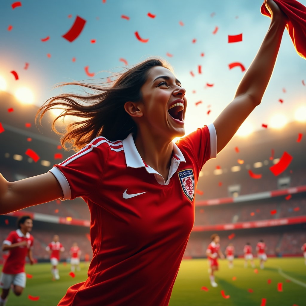 Natural Fan Portraits That Avoid Forced Poses example: Photorealistic action sports fan portrait photography. Dynamic portrait of a single fan mid-celebration after a goal, st