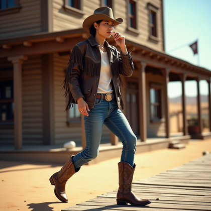 AI-generated photo: Photorealistic fashion photography. A fashion-forward full-body cowboy image set on a wooden boardwa...