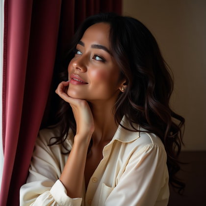 Romantic Close-Up With Loose Hair and Tired Eyes example: Dating profile photo, profile-avatar crop with face clearly visible and centered, leaning against a velvet curtain while