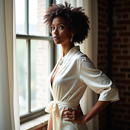 AI-generated photo: Photorealistic window‑light bridal portrait photography in an industrial loft, subject standing clos...